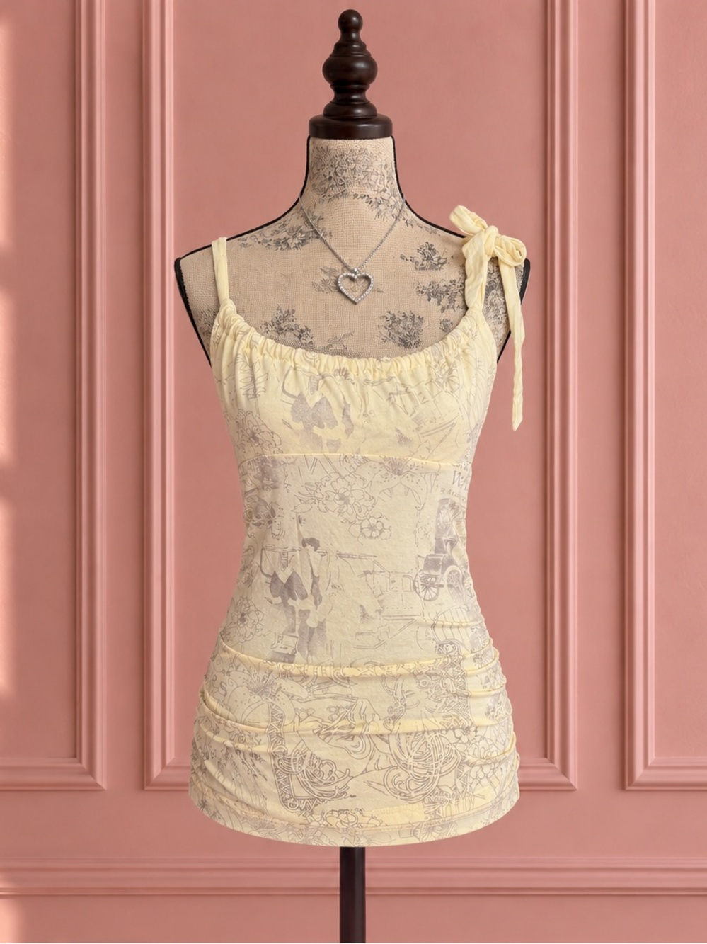 Vintage Cartise Butter Yellow Tie-Shoulder Printed Tank Top Size L